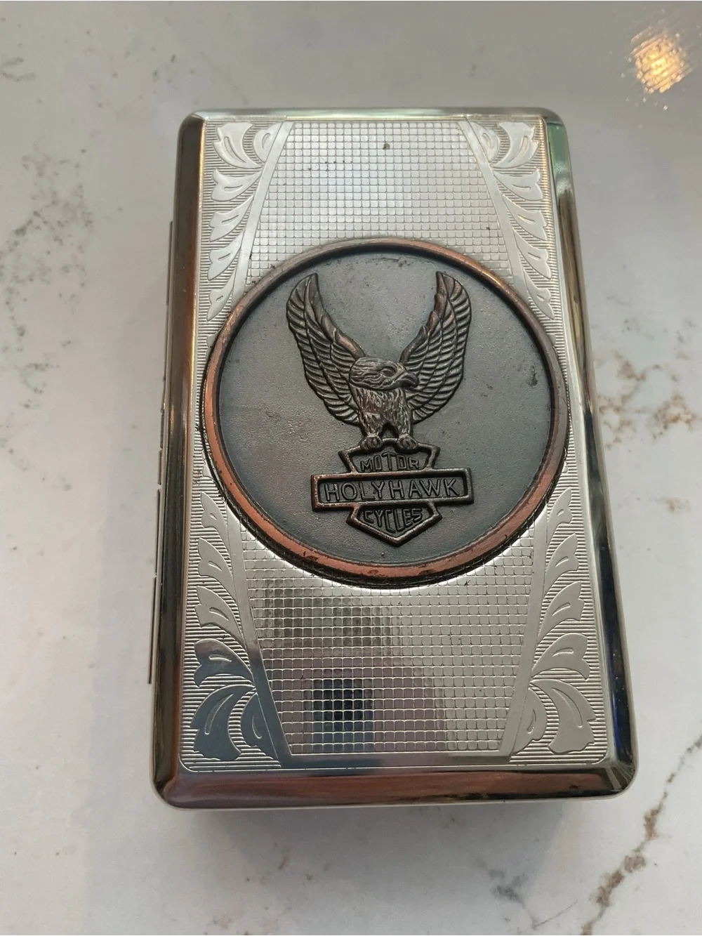 Holy Hawk Silver Metal tobacco Case W/ Eagle Emblem